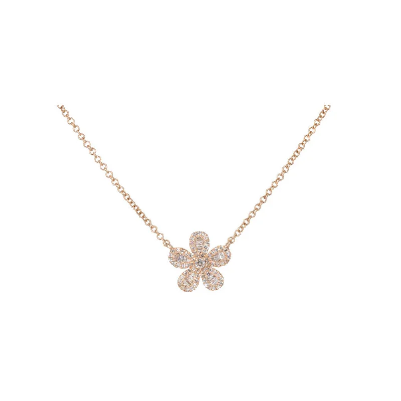 Pure stone necklaces-14KT Rose Gold Diamond and Baguette Flower Necklace