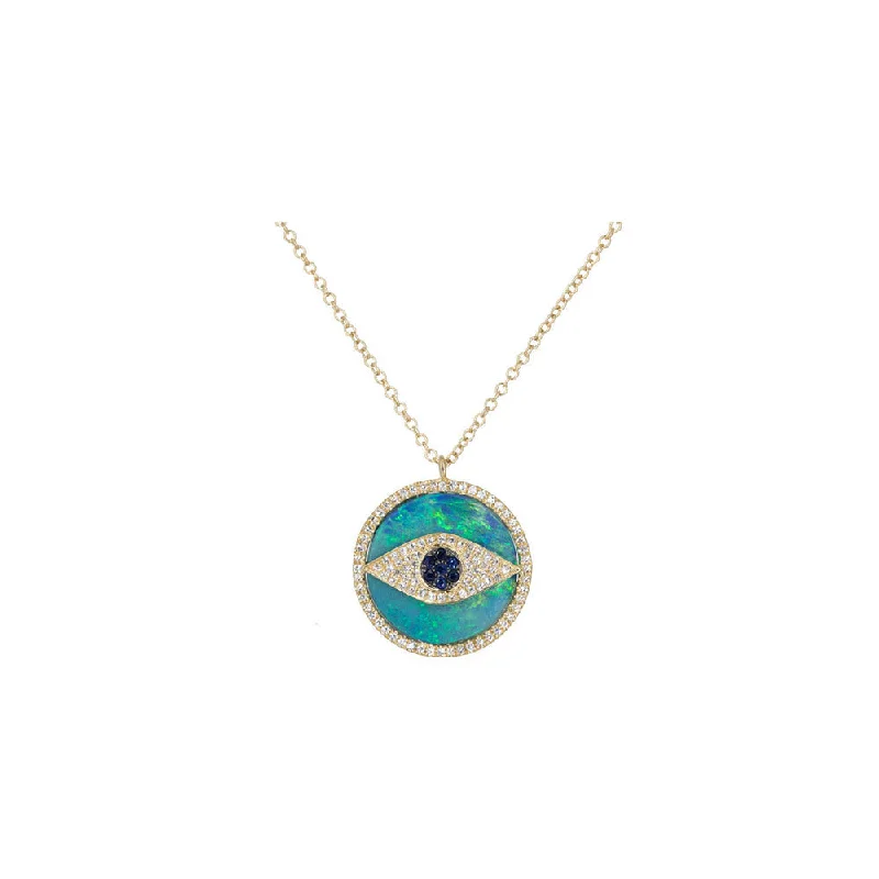 Sleek design necklaces-14KT Yellow Gold Diamond, Sapphire, and Opal Evil Eye Necklace