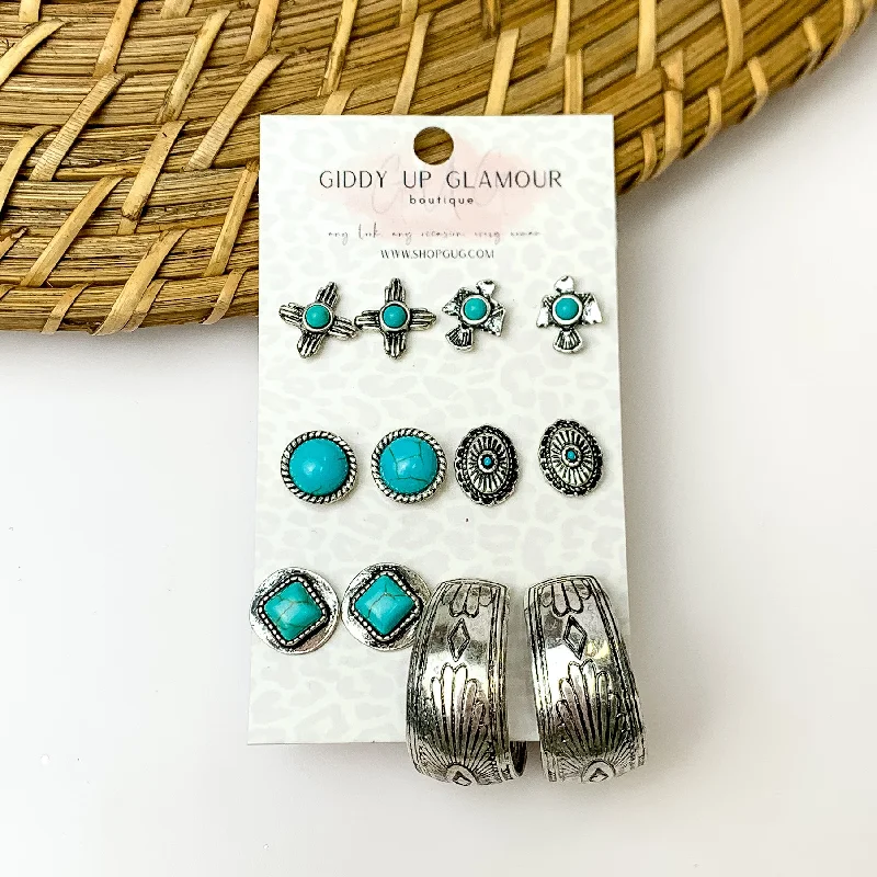 Nomad feather earrings-Set Of Six | Multiple Turquoise and Silver Tone Stud Earrings