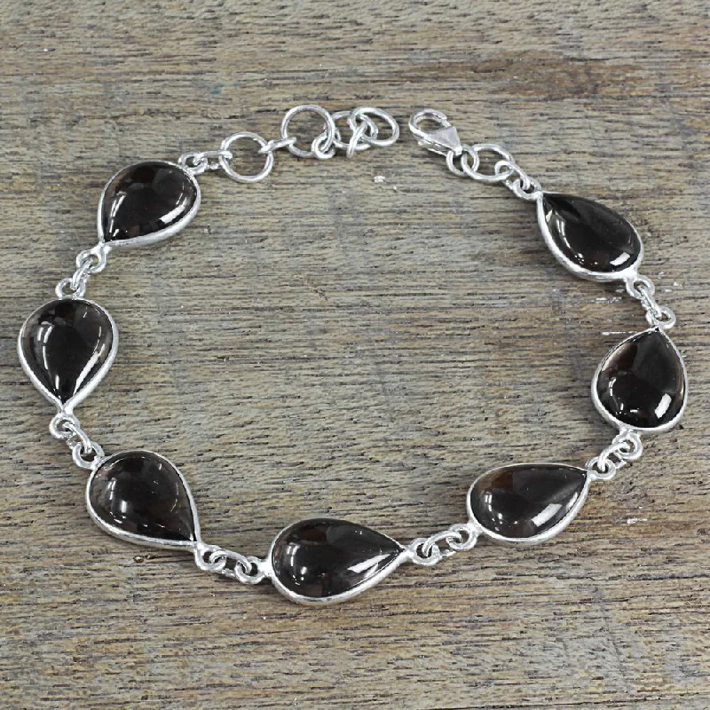 Chiseled letter bangles-Handmade Sterling Silver 'Mystical Dewdrops' Smoky Quartz Bracelet (India)