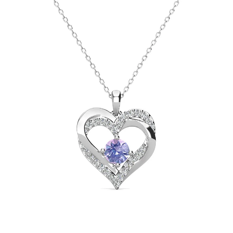 Emerald gem necklaces-Forever June Birthstone 18k White Gold Plated Silver Double Heart  Alexandrite  Necklace with Swarovski Crystals