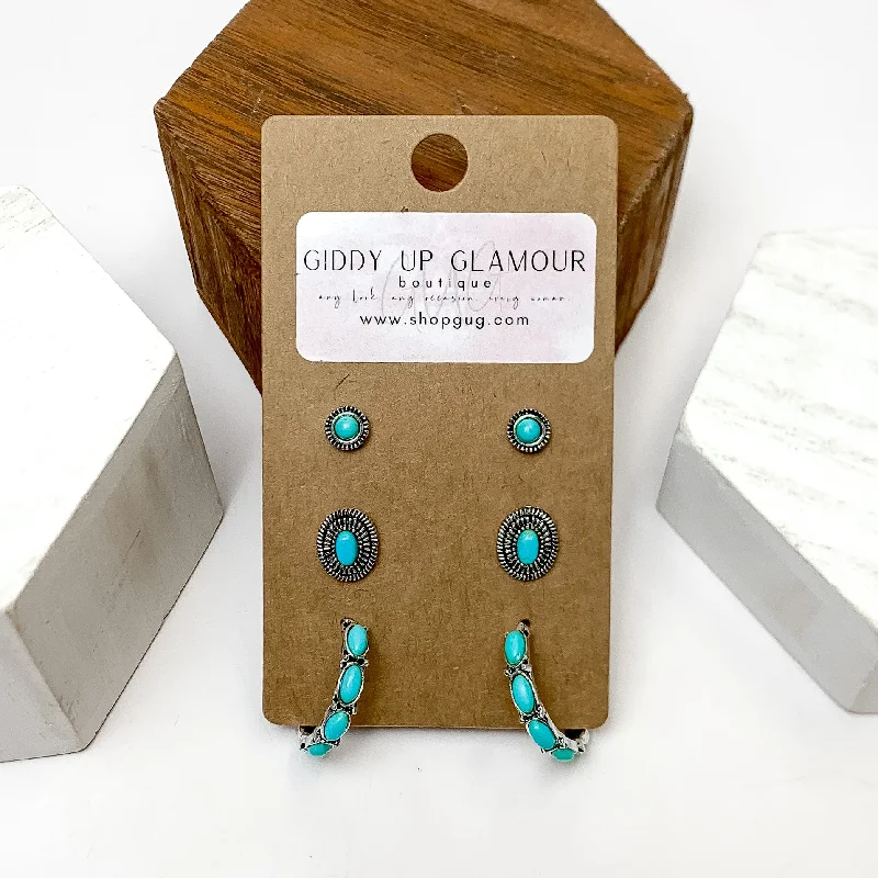 Twine bead earrings-Set Of Three | Stud and Hoop Silver Tone Earring Set in Turquoise