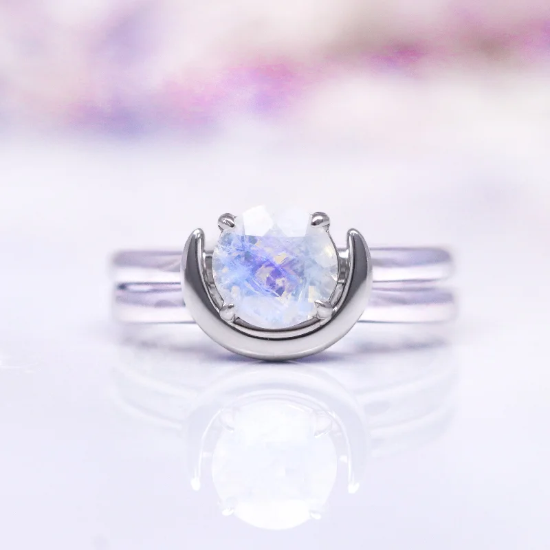 Geometric gem engagement rings-Crescent Moon Moonstone Ring- Sterling Silver