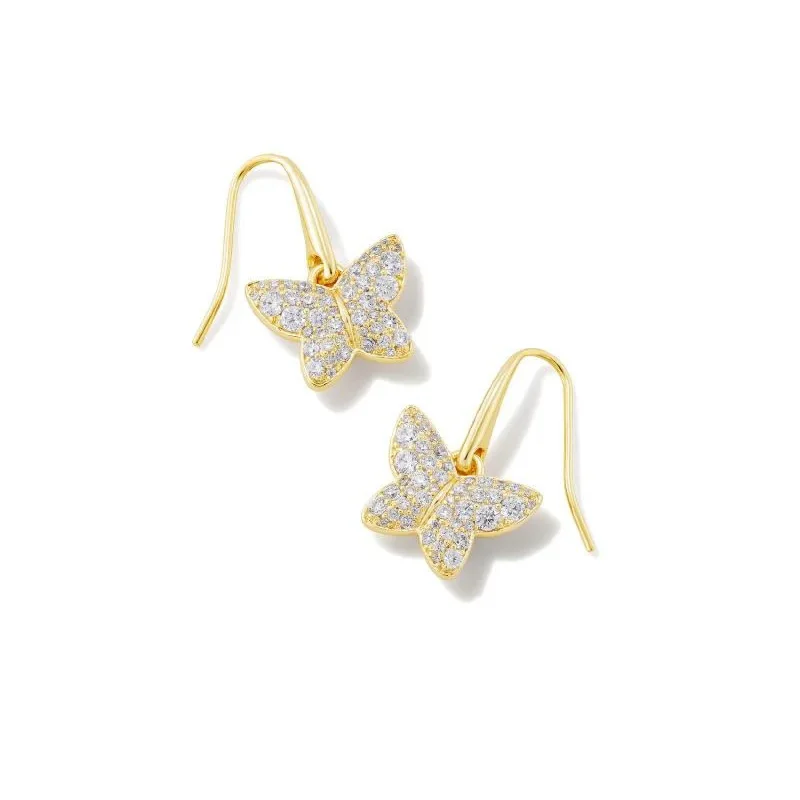 Solid ring earrings-Kendra Scott | Lillia Crystal Butterfly Gold Drop Earrings in White Crystal