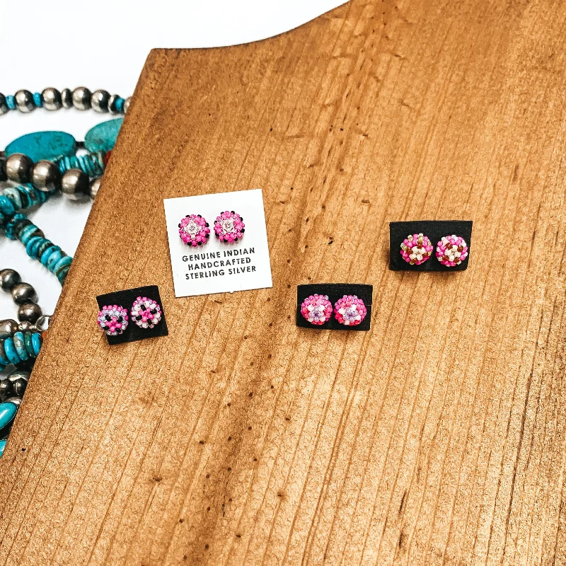 Java tile earrings-Navajo | Navajo Handmade Beaded Stud Earrings in Pinks