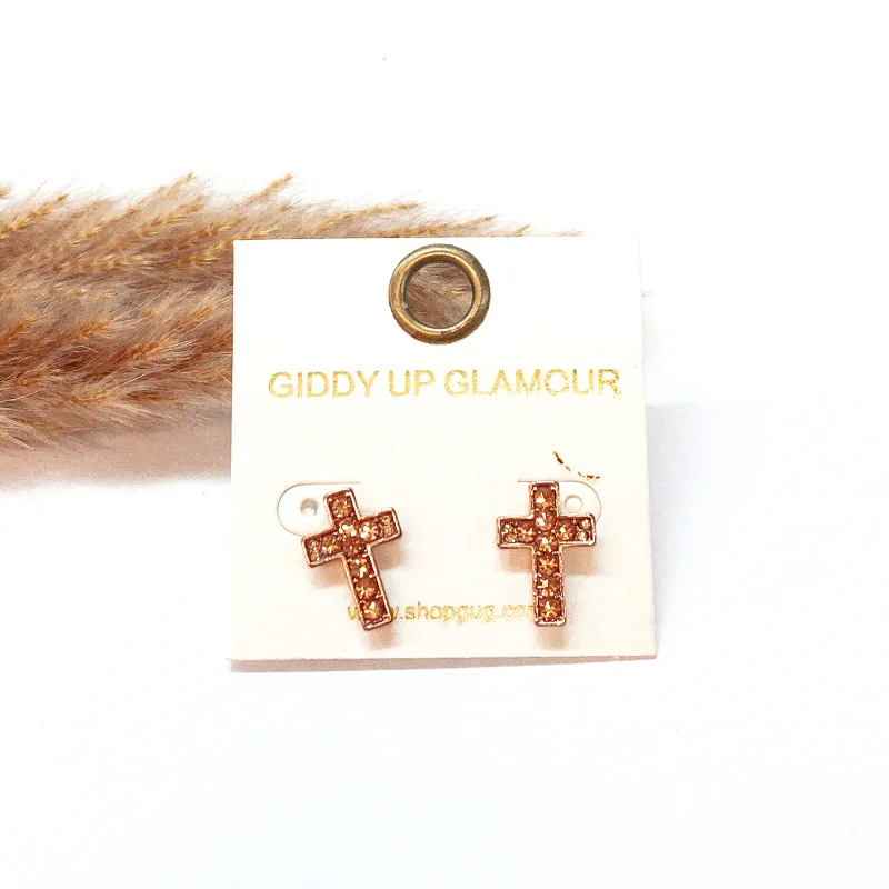 Swirl shape earrings-Crystal Cross Stud Earrings in Rose Gold Tone