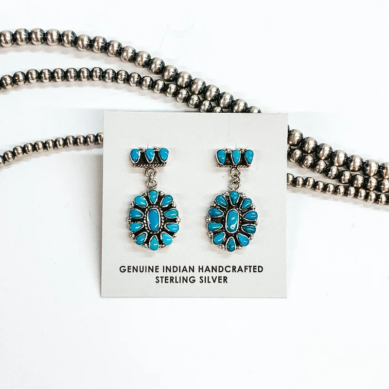 Java tile earrings-Pam Benally | Navajo Handmade Kingman Turquoise Cluster Drop Earrings on a Three Stone Post Back