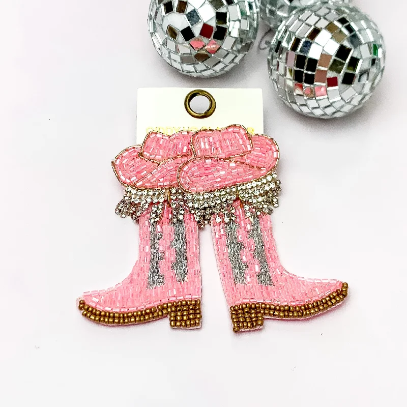 Dual-tone earrings-Beaded Cowboy Hat and Boot Earrings with Clear Crystal Fringe in Pink