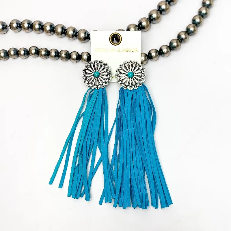 Swirl shape earrings-Rodeo Runway Tassel Earrings in Turquoise Blue