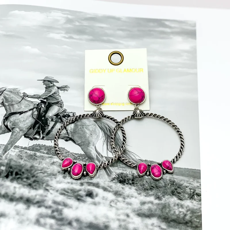 Vintage clip earrings-Western Moment Silver Tone Hoop Earrings With Stones in Hot Pink