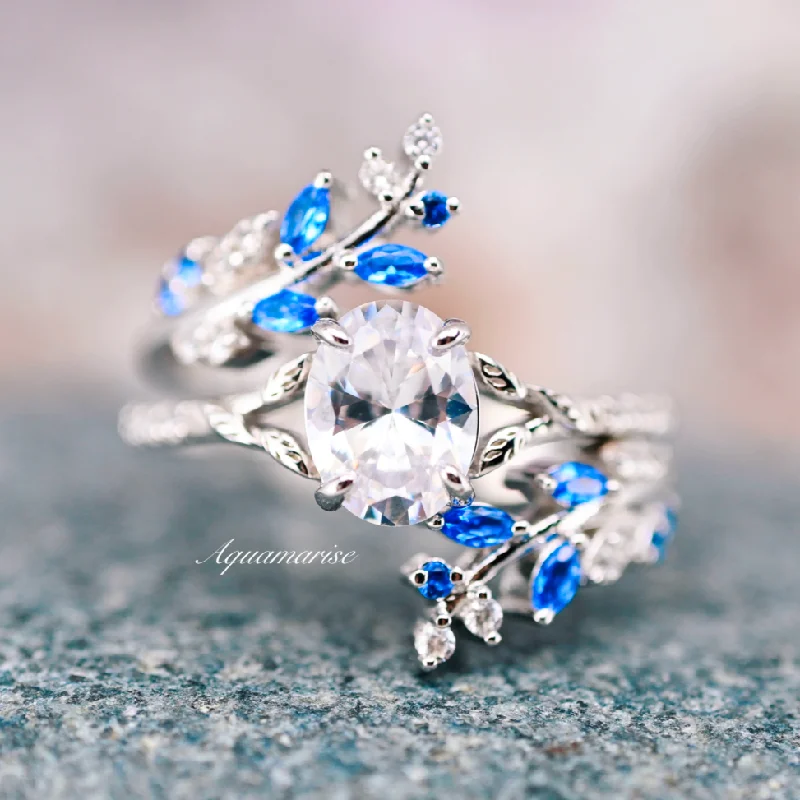 Carved name engagement rings-Blue Sapphire & Diamond (cz) Engagement Leaf Ring Set- 925 Sterling Silver