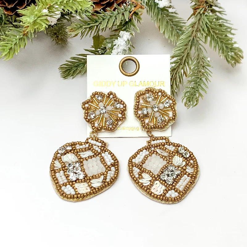 Flat badge earrings-Beaded Post Back Ornament Earrings in Ivory and Gold Tone