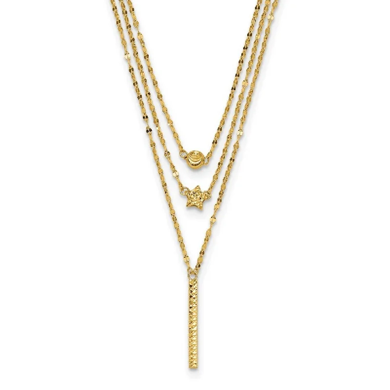 Oval shape necklaces-Curata 14k Yellow Gold Three Layer Sparkle Cut Bead Star Bar Necklace, 18"