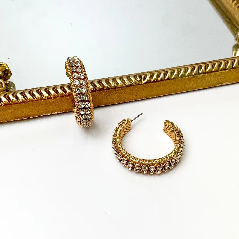 Wide hoop earrings-Clear Crystal Inlay and Gold Tone Hoop Earrings