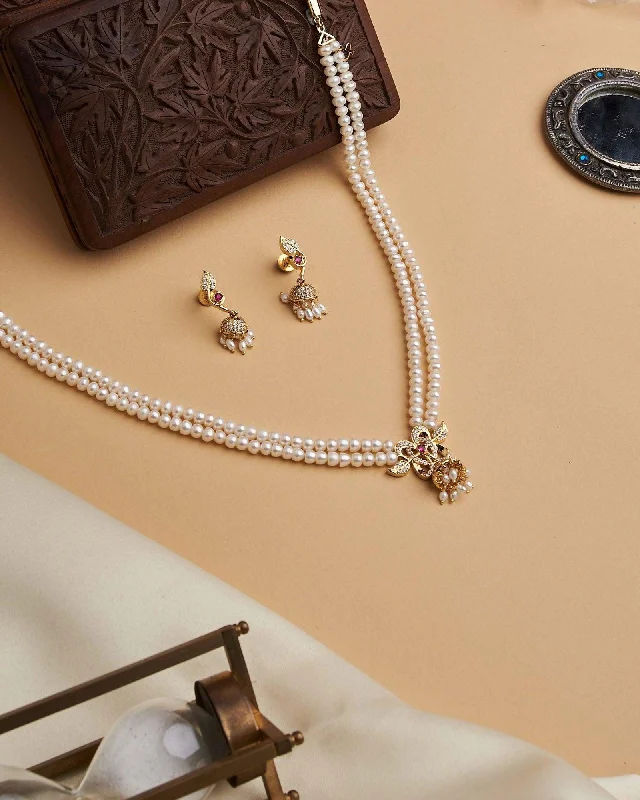 Petite gem necklaces-Elegant Two-line Leaf Pendant Pearl Necklace Set