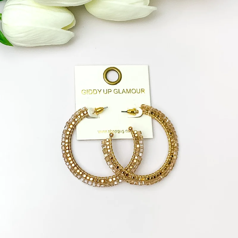 Silk fringe earrings-Gold Tone Beaded Hoop Earrings with a Champagne Crystal Outline