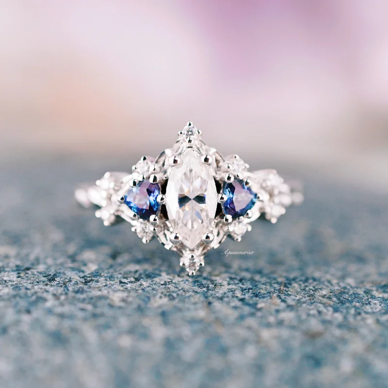 Fox motif engagement rings-Marquise Moissanite Diamond & Alexandrite Ring- 14K White Gold