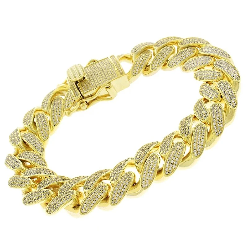 Woven thread bangles-Sterling Silver 15.5mm Iced Out CZ Miami Cuban Solid 925 Yellow Gold Bling Bracelet Chain 8.5"