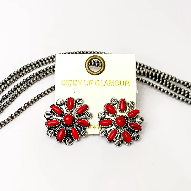 Crystal-twisted earrings-Faux Red Flower Cluster Stud Earrings in Silver Tone