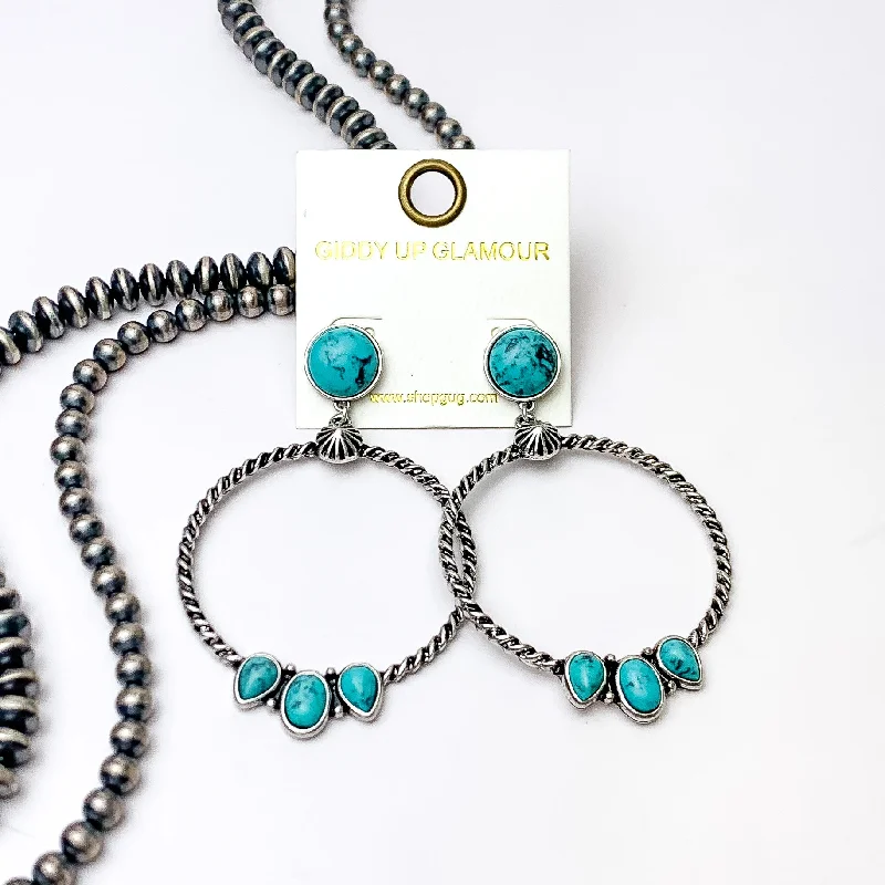 Agate stone earrings-Western Moment Silver Tone Hoop Earrings With Stones in Turquoise Blue