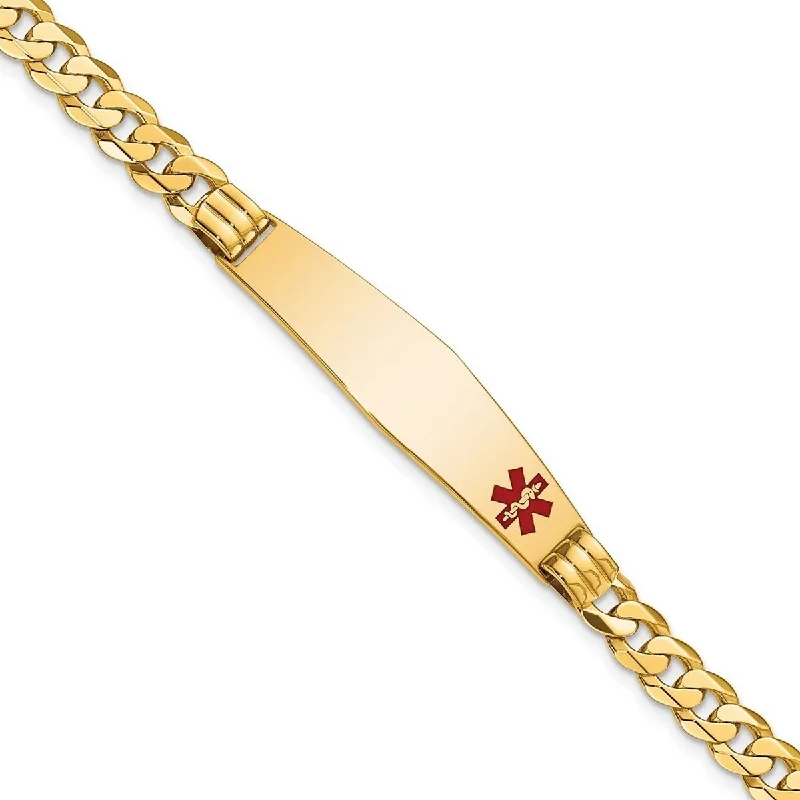 Chunky stone bangles-Curata 14k Yellow Gold 10.2mm Engravable Medical Red Enamel Curb Link ID Bracelet