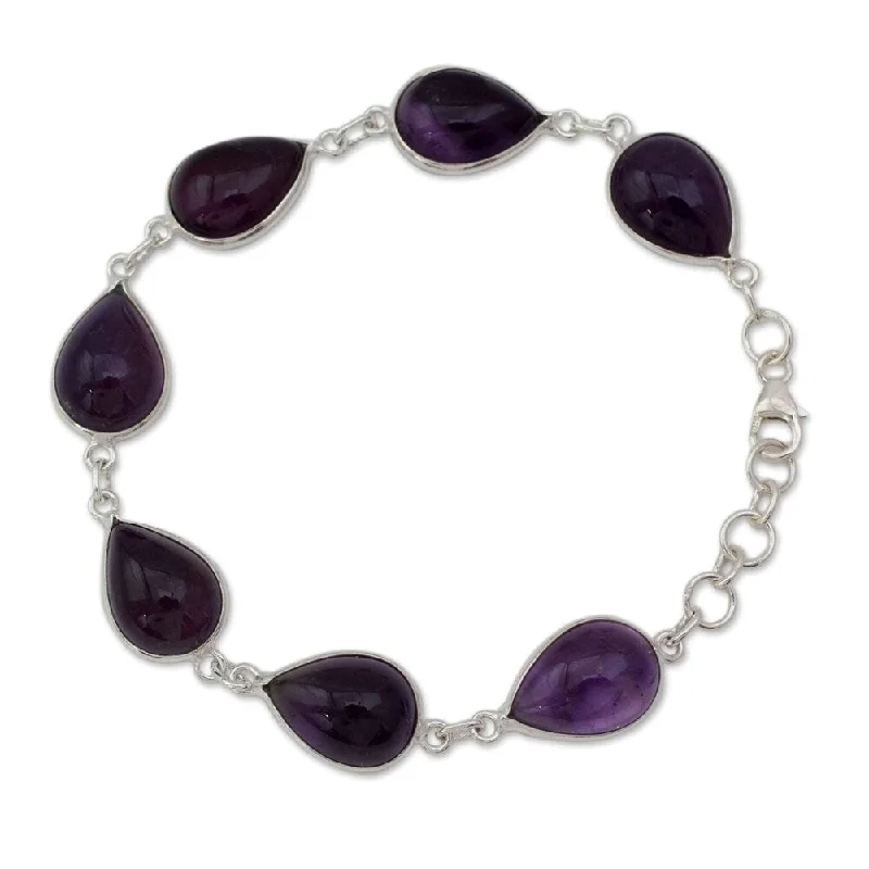 Glossy cuff bangles-Handmade Sterling Silver Blissful Beauty Amethyst Bracelet (India)