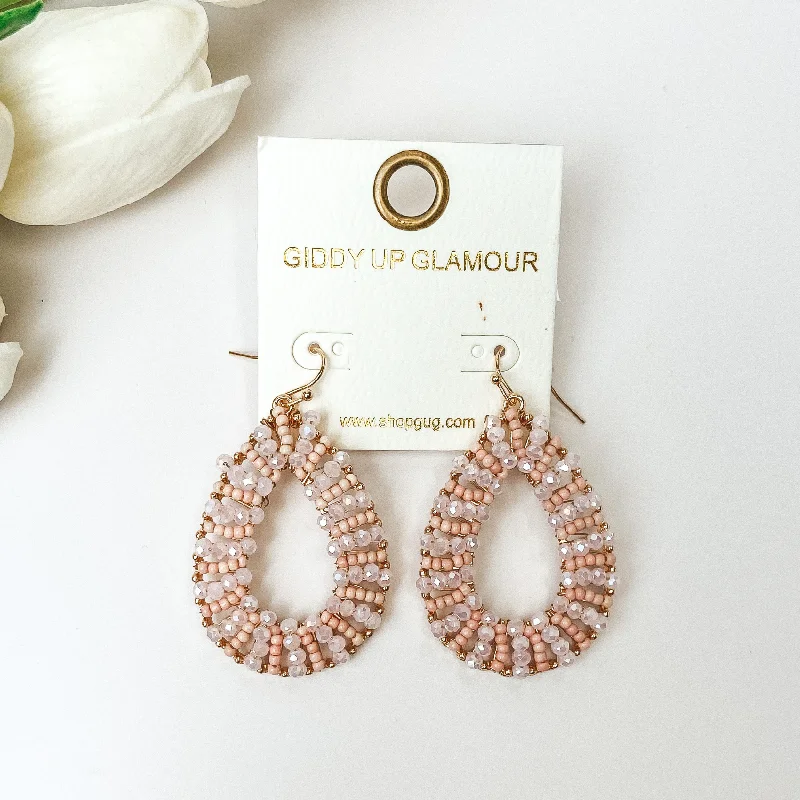 Solid cuff earrings-Gold Tone Teardrop Earrings with Light Pink Beaded Outline