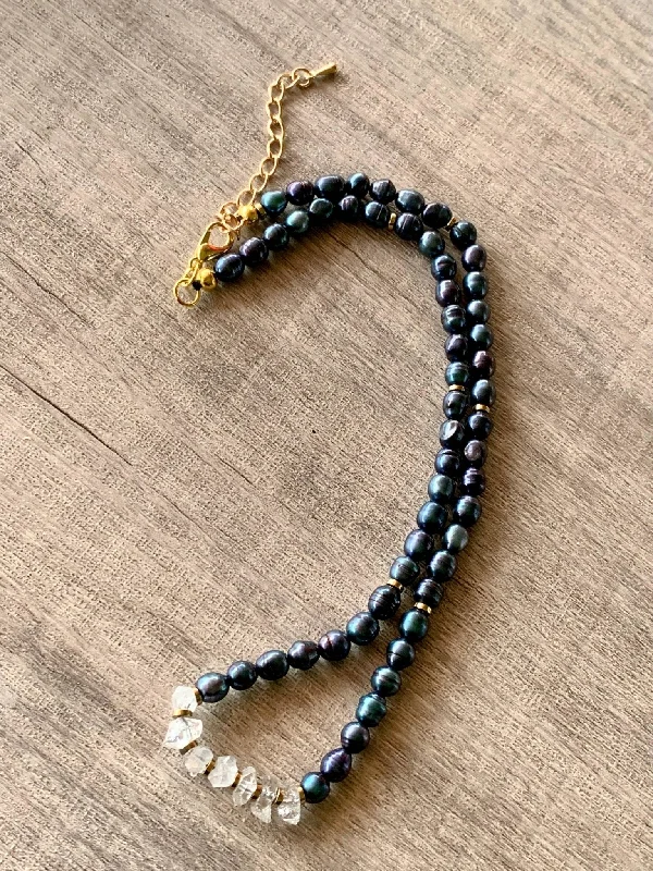 Twist clasp necklaces-Durriya Handmade Baroque Pearl, Herkimer Diamond, and Gold Plated Hematite 15" Choker/ Necklace