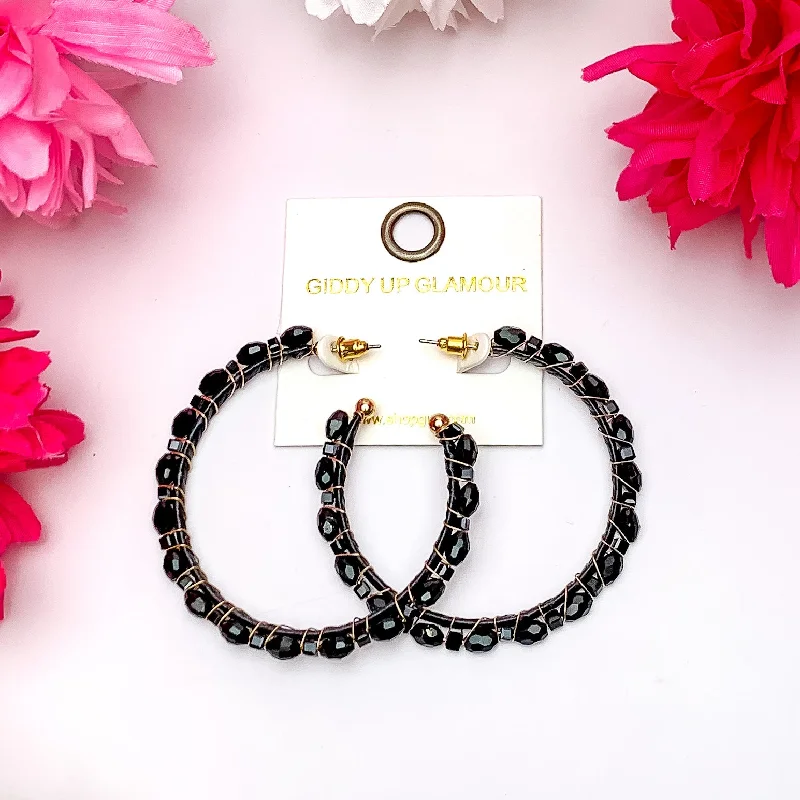 Large hoop earrings-Large Hoop Earrings Outlined with Crystals in Black