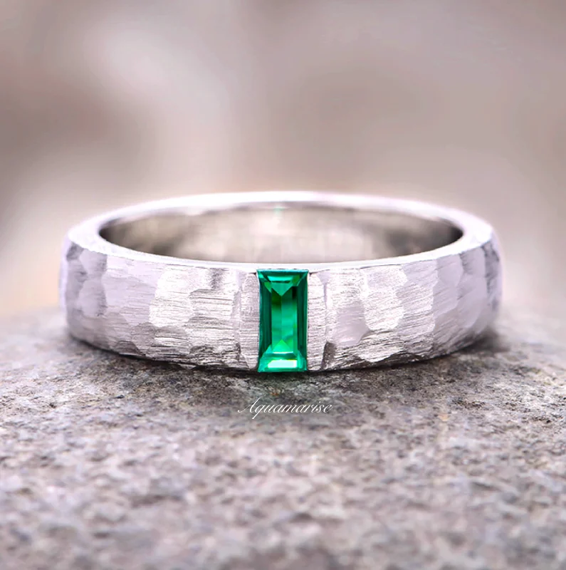 Spinel engagement rings-Hammered Emerald Wedding Band- 14K White Gold