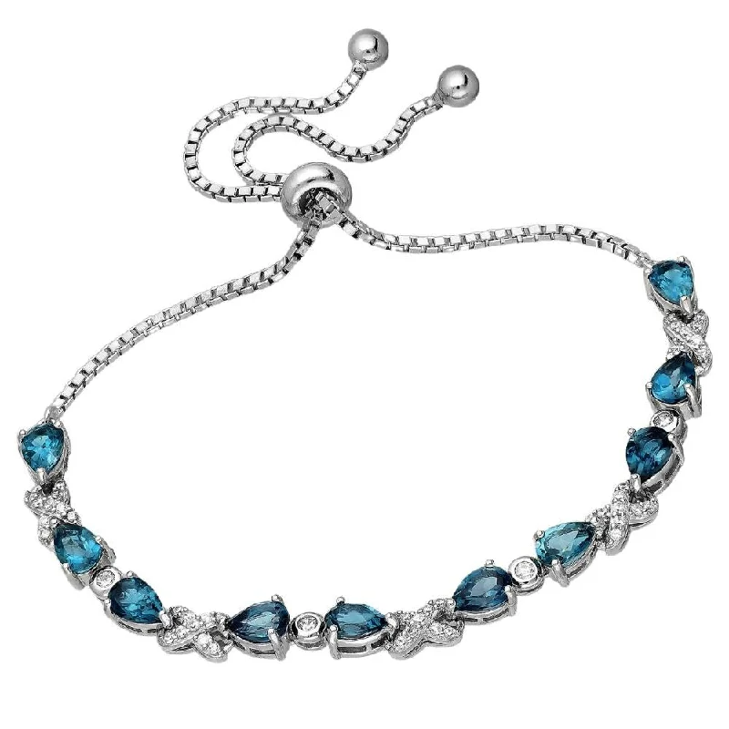 Dove motif bangles-Sterling Silver London Blue Topaz & Clear CZ Teardrop Adjustable Bracelet