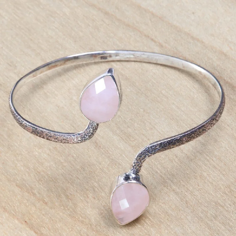 Beaded cluster bangles-Handmade Sterling Silver 'Budding Roses' Rose Quartz Bracelet (Indonesia)