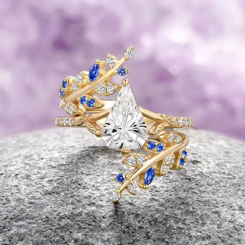 Dainty stack engagement rings-Fantasy Shield Cut Diamond & Blue Sapphire Ring Set- 14K Solid Yellow Gold