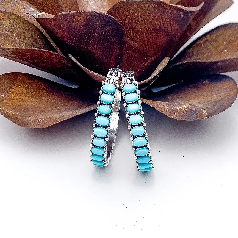 Coiled cord earrings-Silver Tone Semi Hoop Earring with Turquoise Blue Stones