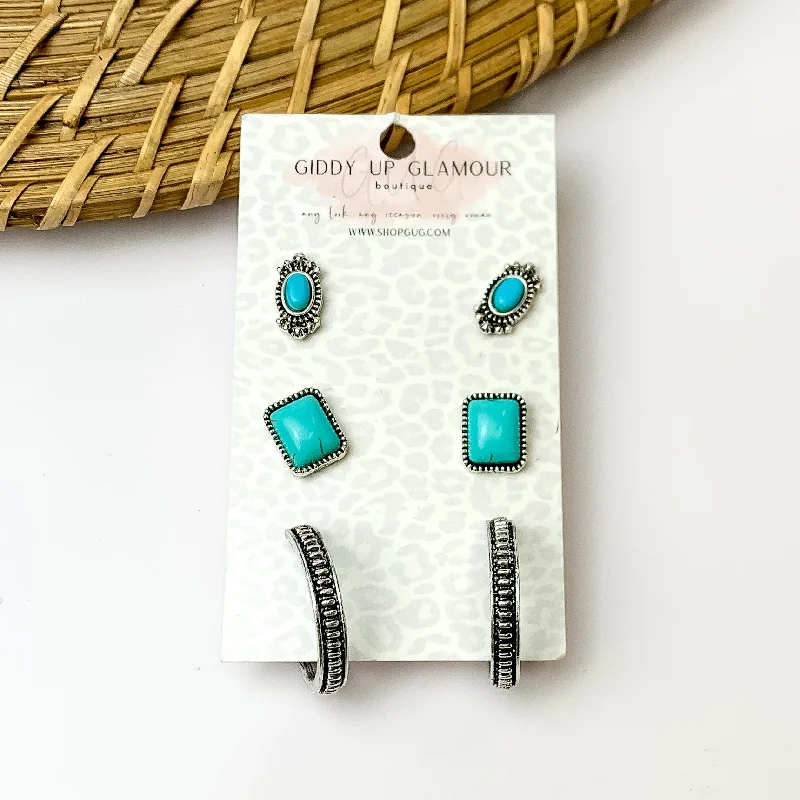 Silk cord earrings-Set Of Three | Multiple Turquoise and Silver Tone Stud Earrings