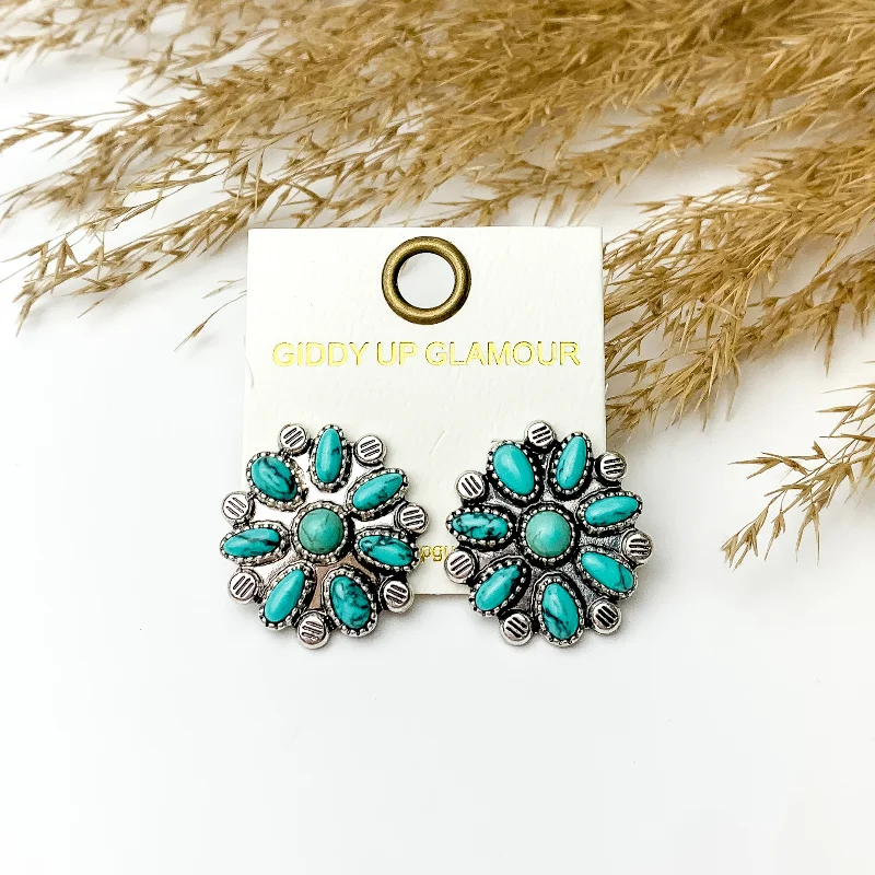 Woven thread earrings-Faux Turquoise Flower Cluster Stud Earrings in Silver Tone