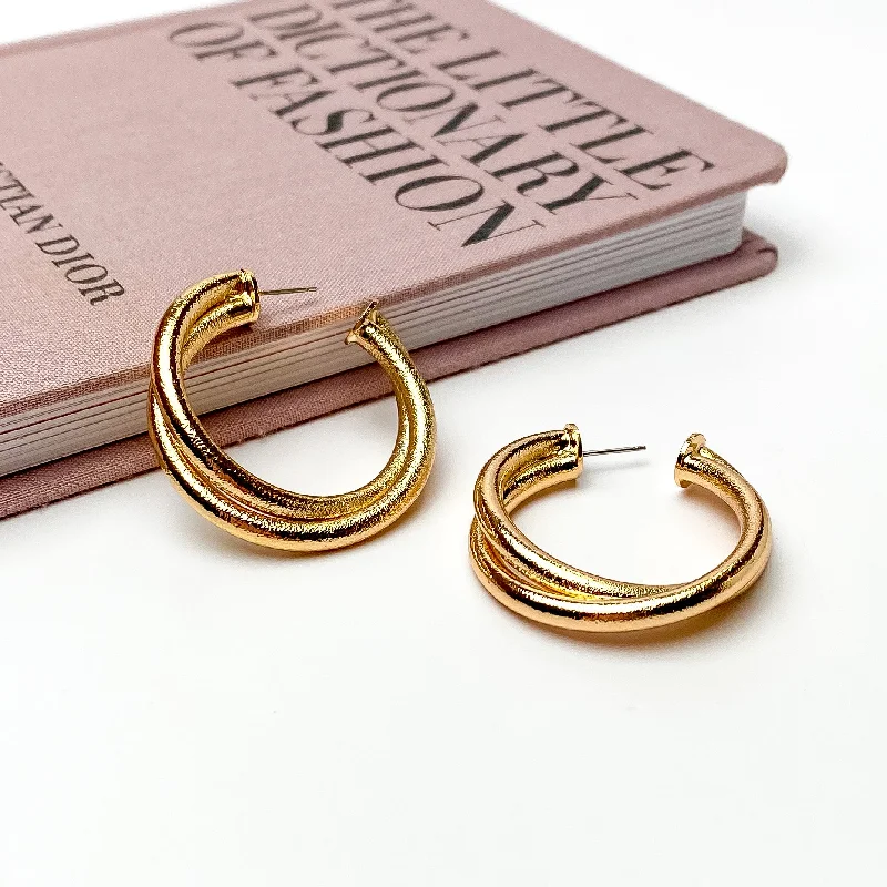 Vibrant enamel earrings-Twisted Hoop Earrings in Textured Gold Tone