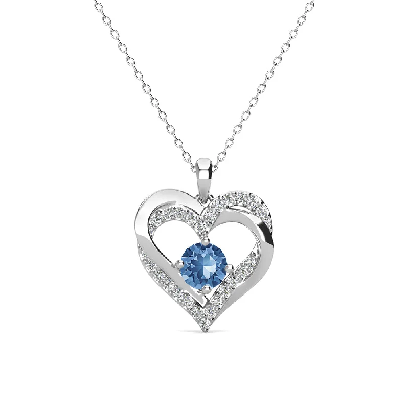 Yarn braid necklaces-Forever December Birthstone 18k White Gold Plated Silver Double Heart Blue Topaz Necklace with Swarovski Crystals