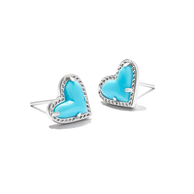 Subtle drop earrings-Kendra Scott | Ari Heart Silver Stud Earrings in Variegated Turquoise Magnesite