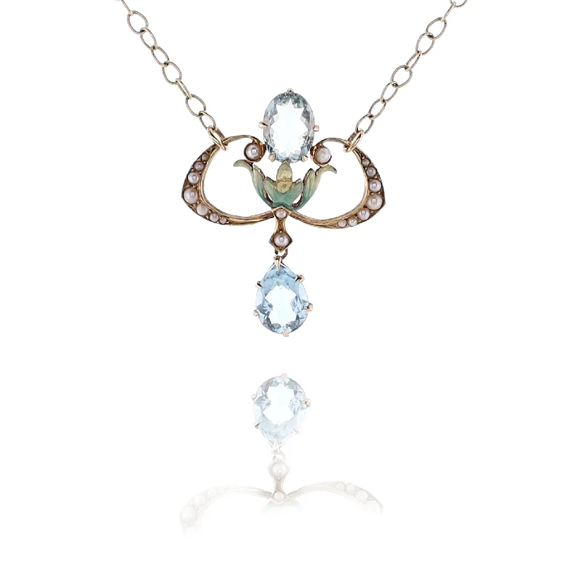 Tribal medallion necklaces-Estate 14 Karat Yellow Gold Aquamarine and Pearl Pendant Necklace