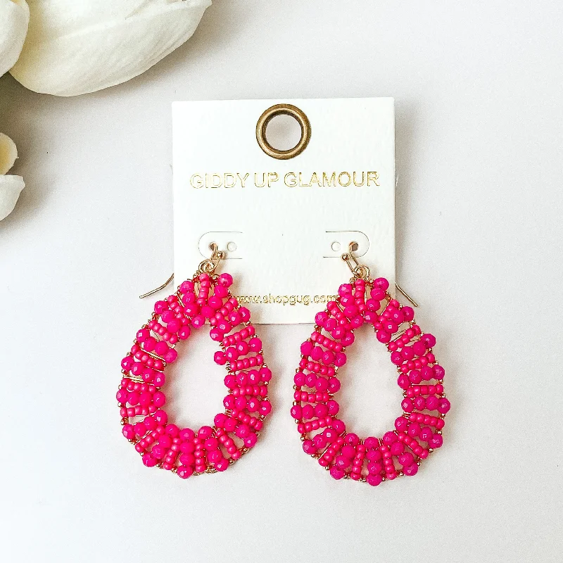 Tide motif earrings-Gold Tone Teardrop Earrings with Hot Pink Beaded Outline