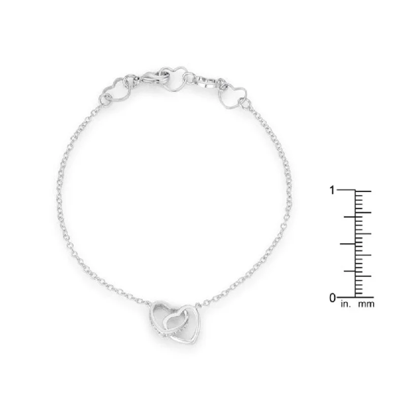 Chiseled letter bangles-0.12 Ct Rhodium Interlocked Hearts Bracelet With Cz Accents - 7" Chain + 1" Extender