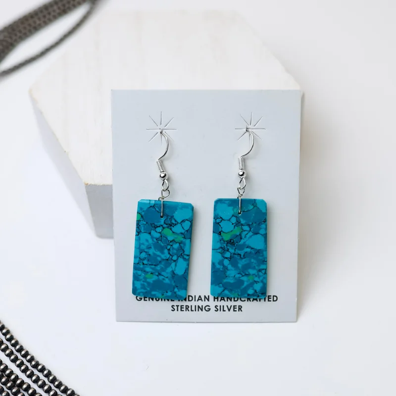 Flat knot earrings-Corraine Smith | Navajo Handmade Turquoise Rectangle Slab Earrings in Deep Teal